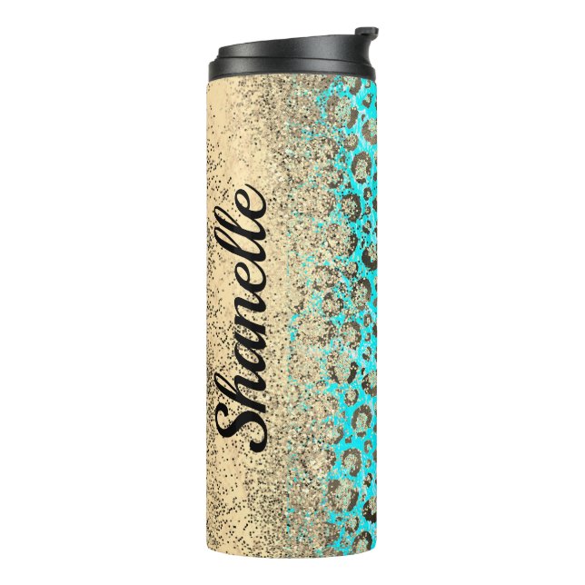 Sparkly Glittery Turquoise Leopard    Thermal Tumbler (Rotated Left)