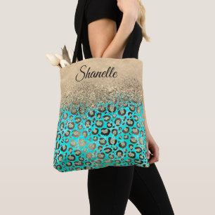 Sparkly Glittery Turquoise Leopard   Tote Bag