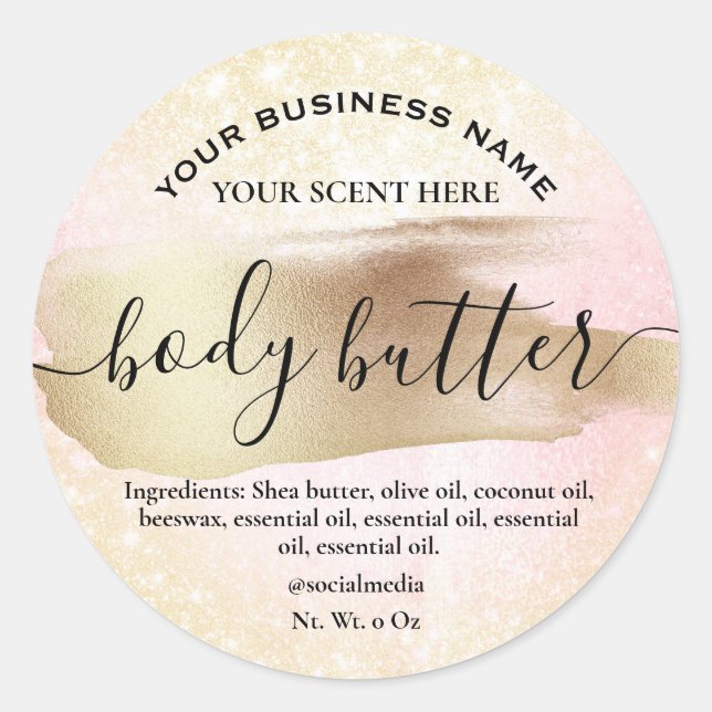 Sparkly Gold And Pink Body Butter Labels (Front)