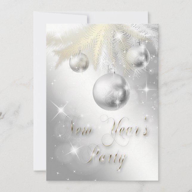 Sparkly Gold and Silver Ornament New Year's Party Invitation (Front)