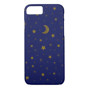 Sparkly gold Christmas moon, stars on blue iPhone 8/7 Case