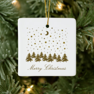 Sparkly gold Christmas tree, moon, stars Ceramic Ornament
