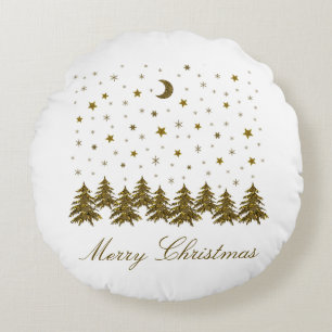 Sparkly gold Christmas tree, moon, stars Christmas Round Pillow