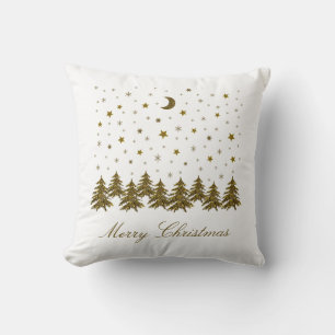 Sparkly gold Christmas tree, moon, stars Christmas Throw Pillow