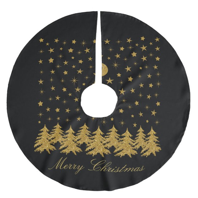 Sparkly gold Christmas tree, moon, stars on black Brushed Polyester Tree Skirt (Front)