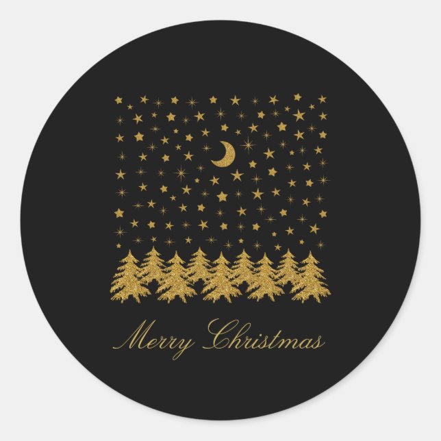 Sparkly gold Christmas tree, moon, stars on black Classic Round Sticker (Front)
