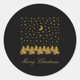 Sparkly gold Christmas tree, moon, stars on black Classic Round Sticker