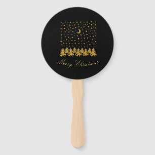 Sparkly gold Christmas tree, moon, stars on black Hand Fan