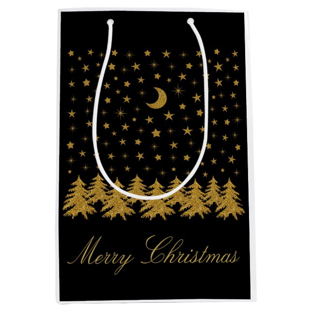 Sparkly gold Christmas tree, moon, stars on black Medium Gift Bag (Front)
