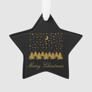 Sparkly gold Christmas tree, moon, stars on black Ornament