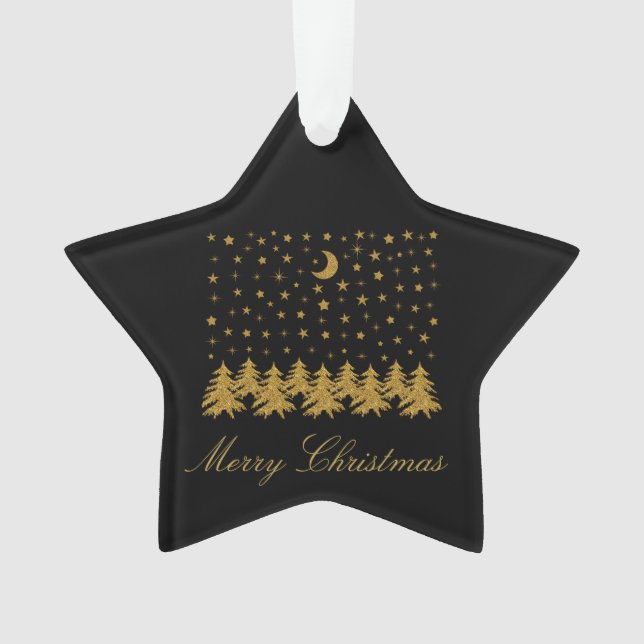 Sparkly gold Christmas tree, moon, stars on black Ornament (Front)