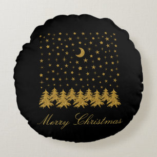 Sparkly gold Christmas tree, moon, stars on black Round Pillow