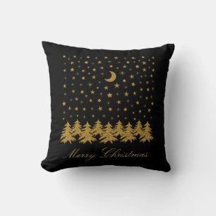 Sparkly gold Christmas tree, moon, stars on black Throw Pillow