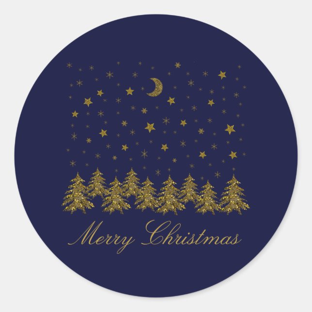 Sparkly gold Christmas tree, moon, stars on blue Classic Round Sticker (Front)