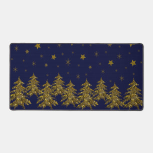 Sparkly gold Christmas tree, moon, stars on blue Desk Mat