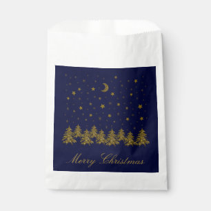 Sparkly gold Christmas tree, moon, stars on blue Favour Bag
