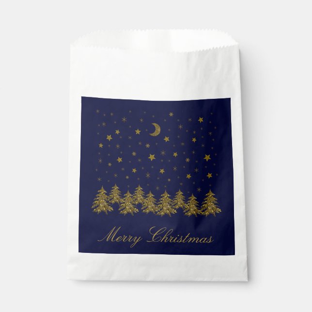 Sparkly gold Christmas tree, moon, stars on blue Favour Bag (Front)