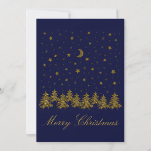Sparkly gold Christmas tree, moon, stars on blue Holiday Card