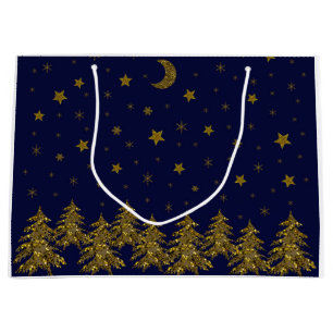 Sparkly gold Christmas tree, moon, stars on blue  Large Gift Bag