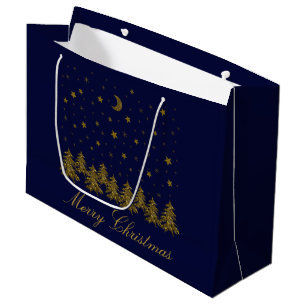 Sparkly gold Christmas tree, moon, stars on blue Large Gift Bag
