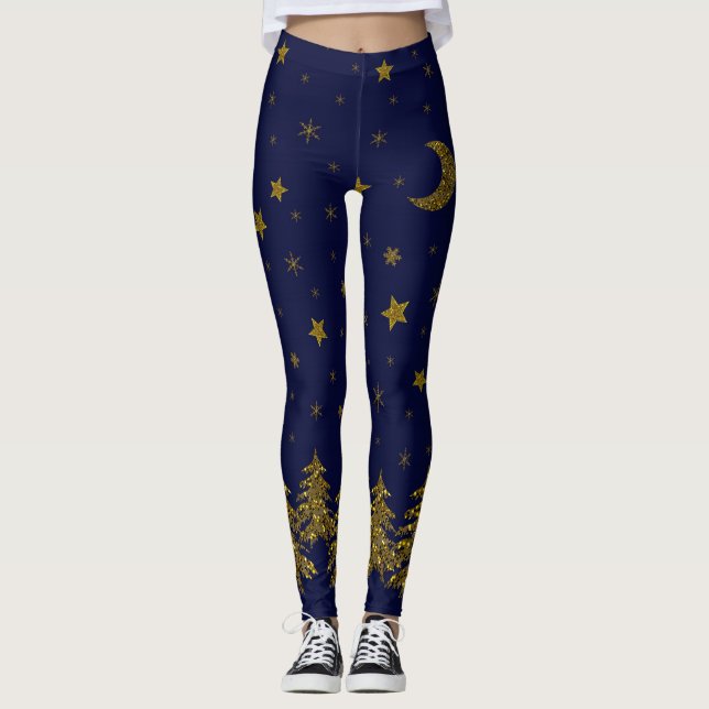 Sparkly gold Christmas tree, moon, stars on blue Leggings (Front)