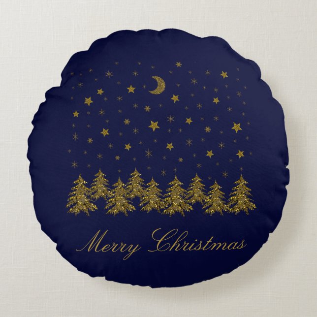 Sparkly gold Christmas tree, moon, stars on blue Round Pillow (Front)