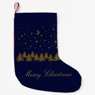 Sparkly gold Christmas tree, moon, stars on blue Small Christmas Stocking