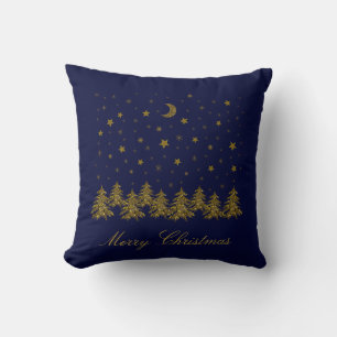 Sparkly gold Christmas tree, moon, stars on blue Throw Pillow