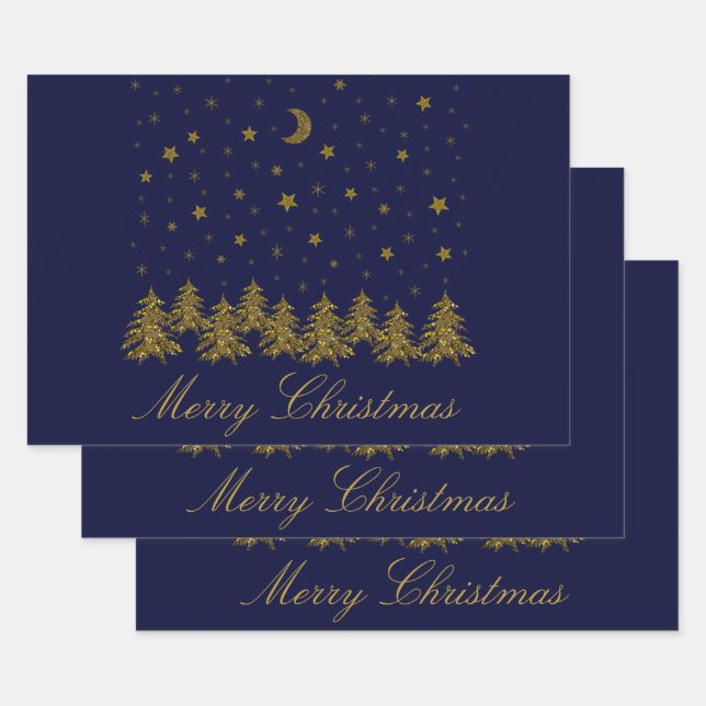 Sparkly gold Christmas tree, moon, stars on blue Wrapping Paper Sheet (Set)