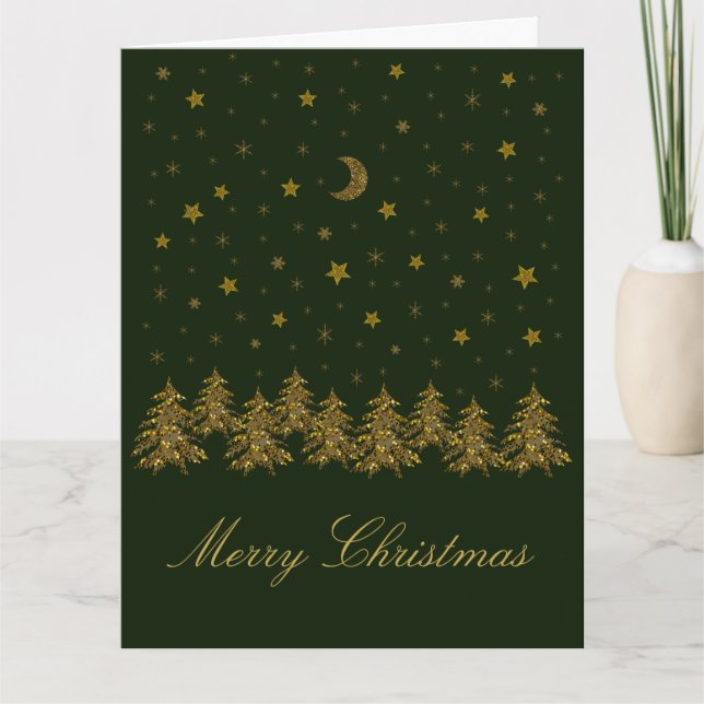Sparkly gold Christmas tree, moon, stars on green Card (Front)