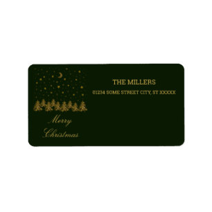 Sparkly gold Christmas tree, moon, stars on green Label