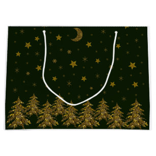 Sparkly gold Christmas tree, moon, stars on green Large Gift Bag