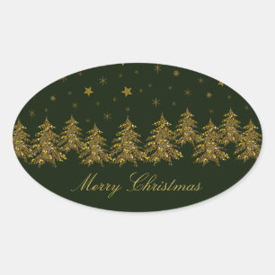 Sparkly gold Christmas tree, moon, stars on green Oval Sticker