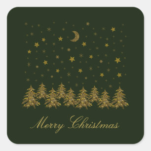 Sparkly gold Christmas tree, moon, stars on green Square Sticker