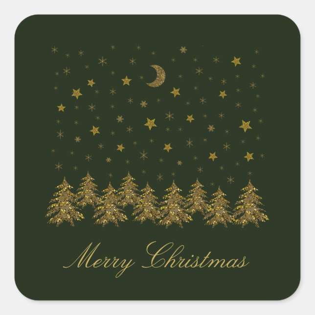 Sparkly gold Christmas tree, moon, stars on green Square Sticker (Front)