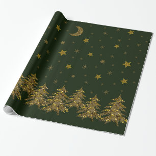 Sparkly gold Christmas tree, moon, stars on green Wrapping Paper