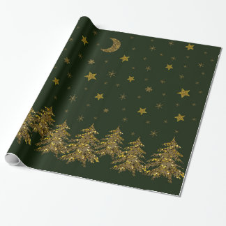 Sparkly gold Christmas tree, moon, stars on green Wrapping Paper