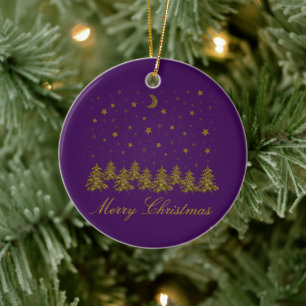 Sparkly gold Christmas tree, moon, stars on purple Ceramic Ornament