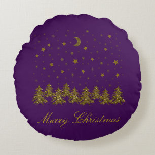 Sparkly gold Christmas tree, moon, stars on purple Round Pillow