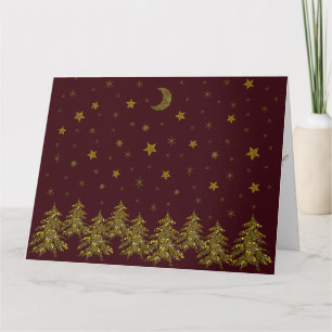 Sparkly gold Christmas tree, moon, stars on red Card