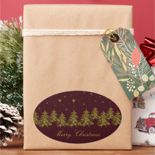 Sparkly gold Christmas tree, moon, stars on red Oval Sticker