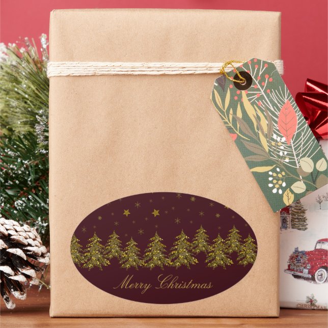 Sparkly gold Christmas tree, moon, stars on red Oval Sticker (Holiday)