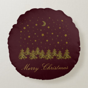 Sparkly gold Christmas tree, moon, stars on red Round Pillow