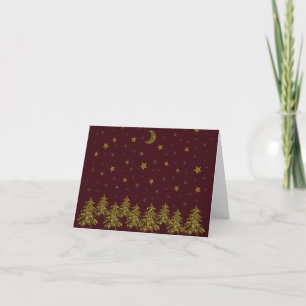 Sparkly gold Christmas tree, moon, stars on red Thank You Card