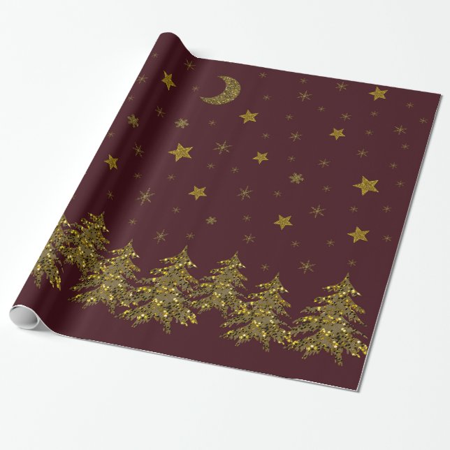Sparkly gold Christmas tree, moon, stars on red Wrapping Paper (Unrolled)