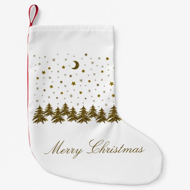 Sparkly gold Christmas tree, moon, stars  Small Christmas Stocking (Front)