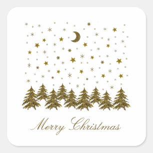 Sparkly gold Christmas tree, moon, stars Square Sticker
