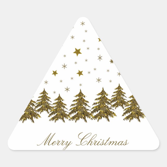 Sparkly gold Christmas tree, moon, stars Triangle Sticker (Front)