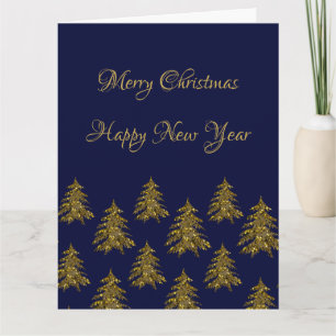 Sparkly gold Christmas tree on blue Christmas Card