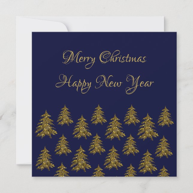 Sparkly gold Christmas tree on blue Christmas Holiday Card (Front)